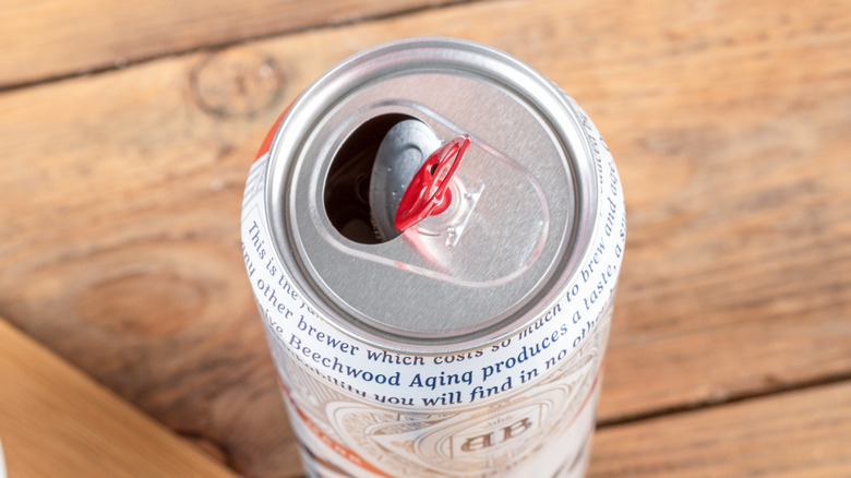 Overhead close up of open can of beer