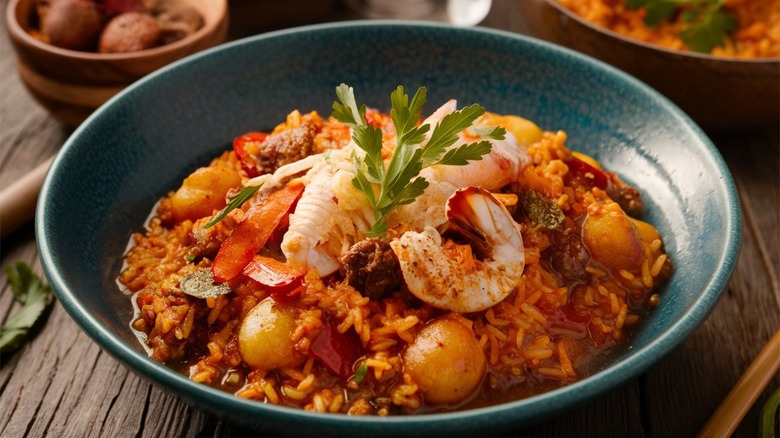 a bowl of shrimp étouffée on a table