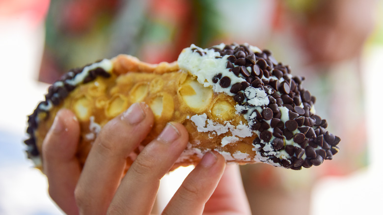 a hand holding a cannoli with mini chocolate chips