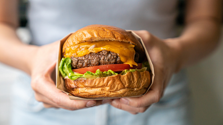 Person holding a cheeseburger with lettuce and tomato