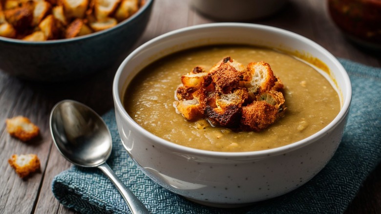 Bowl of lentil soup with croutons and spoon