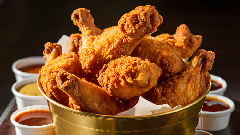 A bucket of fried chicken is surrounded by different pots of sauce