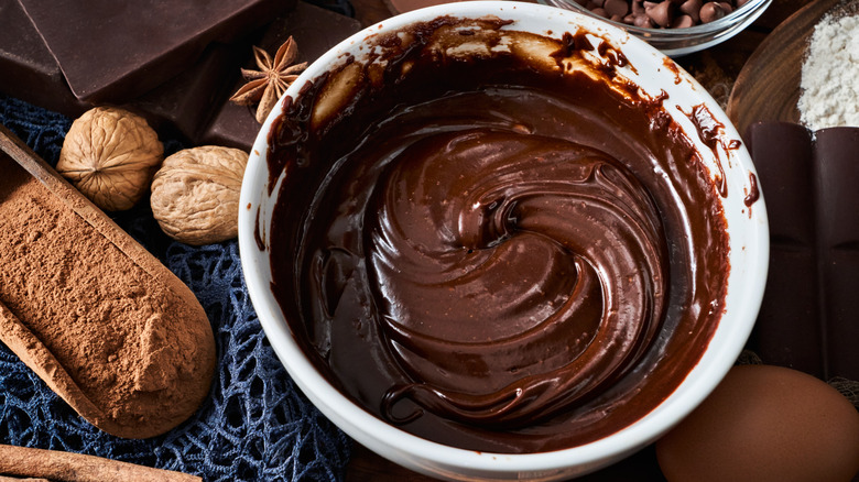 chocolate pudding in white bowl