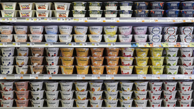 shelves lined with Greek yogurt