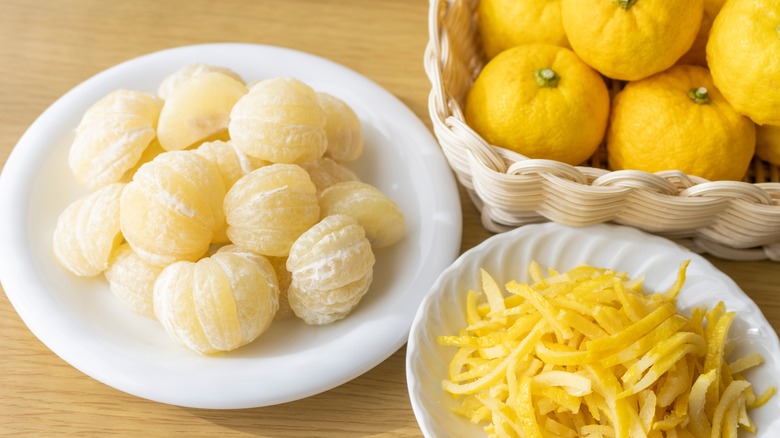 Peeled yuzu fruit in a bowl