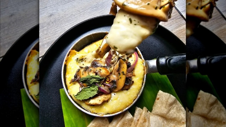 Queso fundido with mushrooms and tortillas