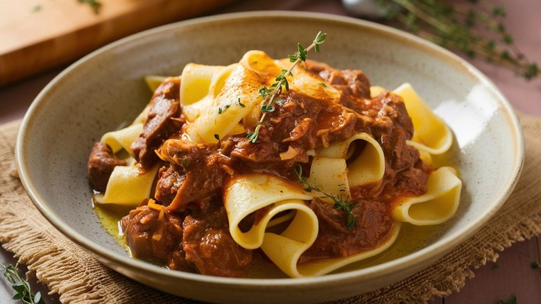 Pappardelle pasta with ragu sauce in white bowl