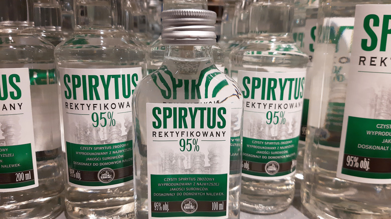 Clustered glass bottles of Spirytus Rektyfikowany alcohol