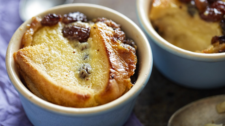 Bread and butter pudding with whiskey soaked raisins