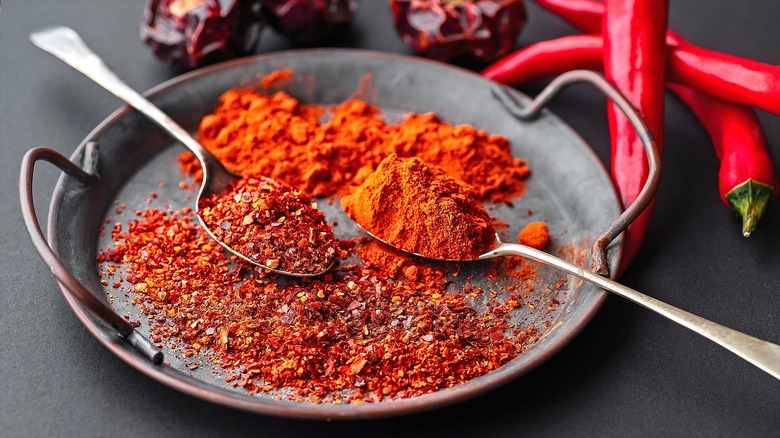 Spoonfuls of chili flakes and smoked paprika on a plate with handles