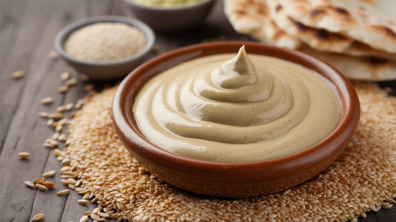 Tahini paste sits in a clay bowl on top of sesame seeds