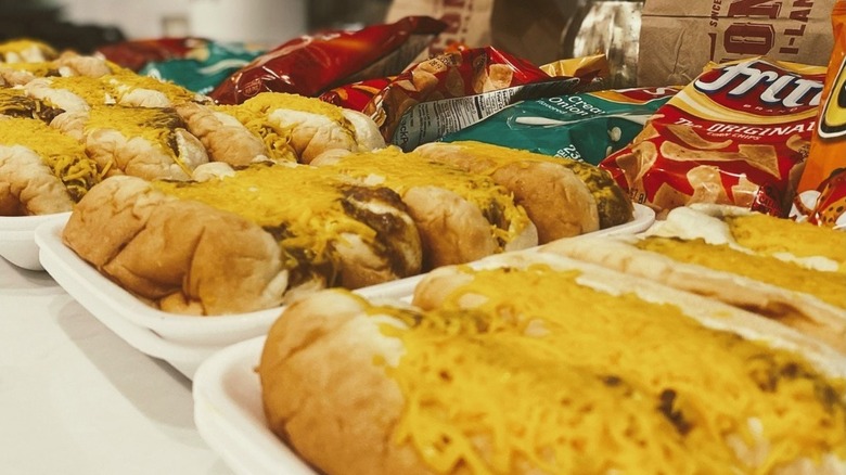 Coney dogs lined up on the counter at Coney I-Lander