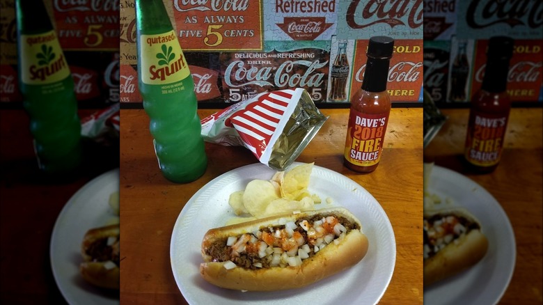 Coney dog with chips and drink at Coney Island Galesburg