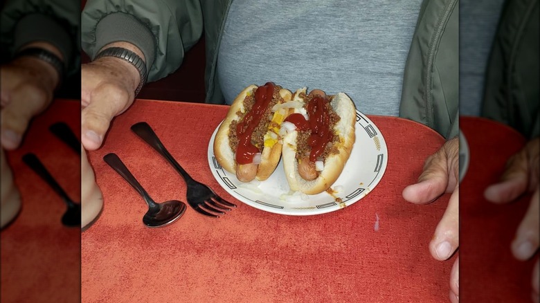 Two Coney dogs with ketchup at Coney Island Lunch Room