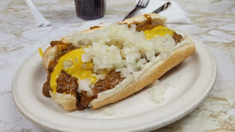 Coney dog on plate on counter at Duly's Place restaurant