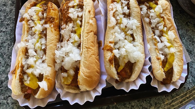 Coney dogs on a tray at Lipuma's restaurant