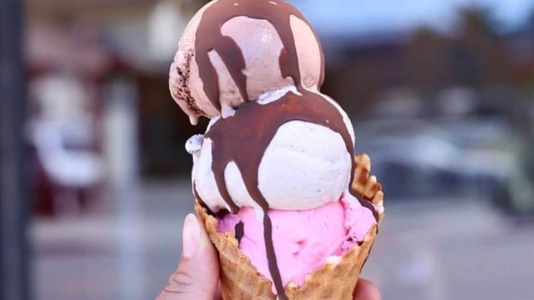 Triple scoop cone with chocolate shell