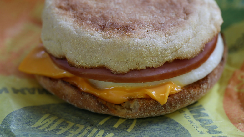 A McDonald's McMuffin can be viewed close-up on a sandwich wrapper