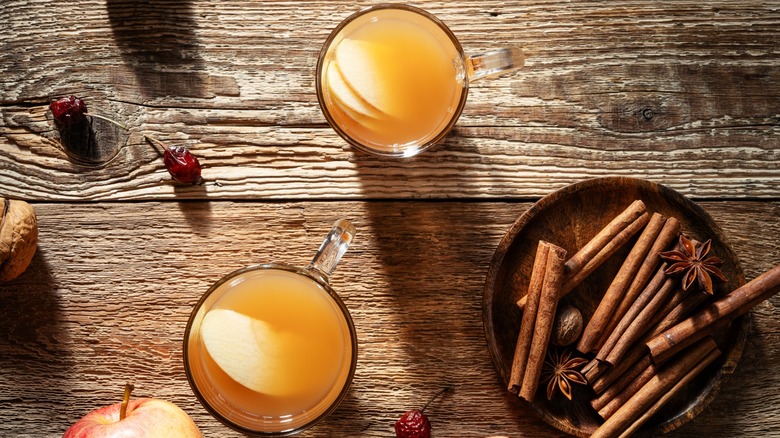 Two glasses of apple cider sit next to cinnamon and anise