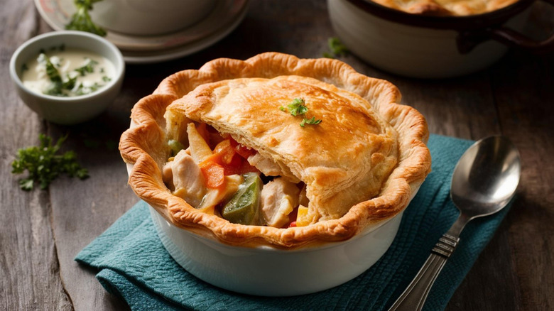 A freshly baked chicken pot pie sits on top of a napkin beside a spoon