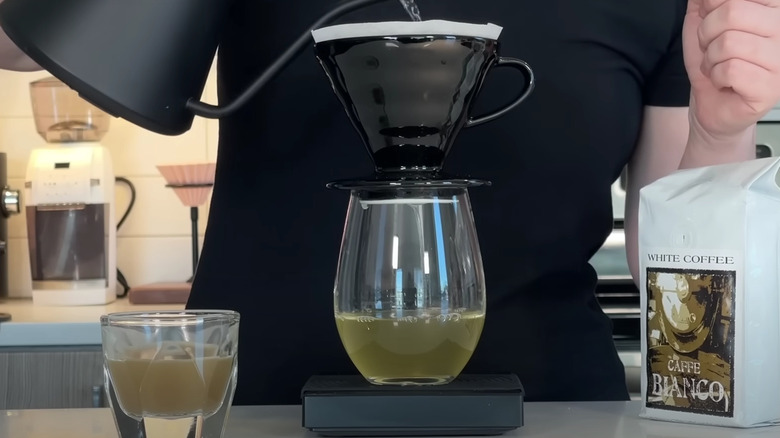 Champion barista brewing white coffee beans in pour over