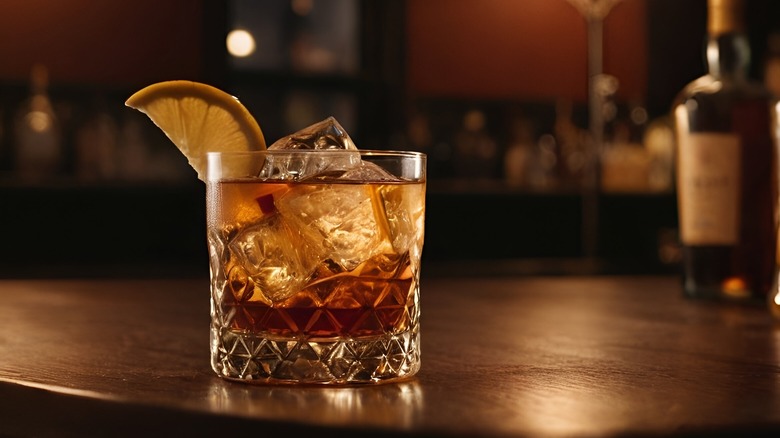 A whiskey old fashioned, on the rocks, with a slice of lemon