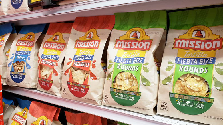 bags of Mission Foods tortilla chips on store shelf