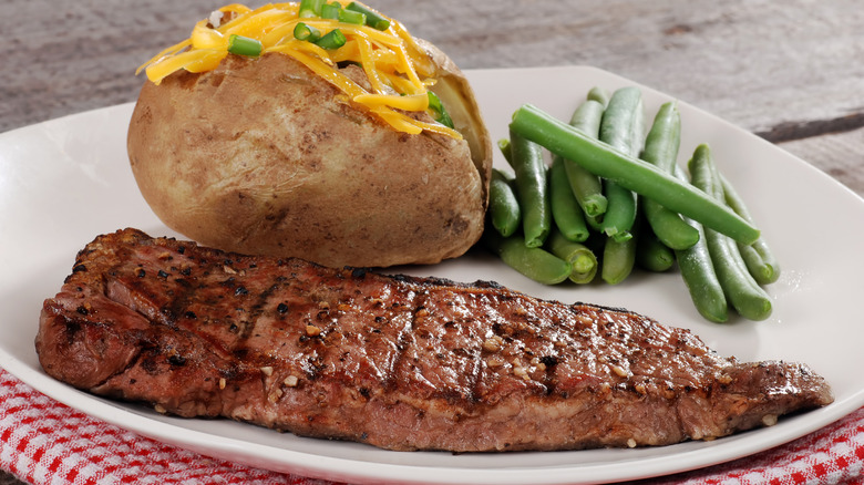 Steak, potato, and green beans