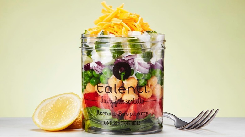 Upcycled Talenti Gelato jar filled with salad