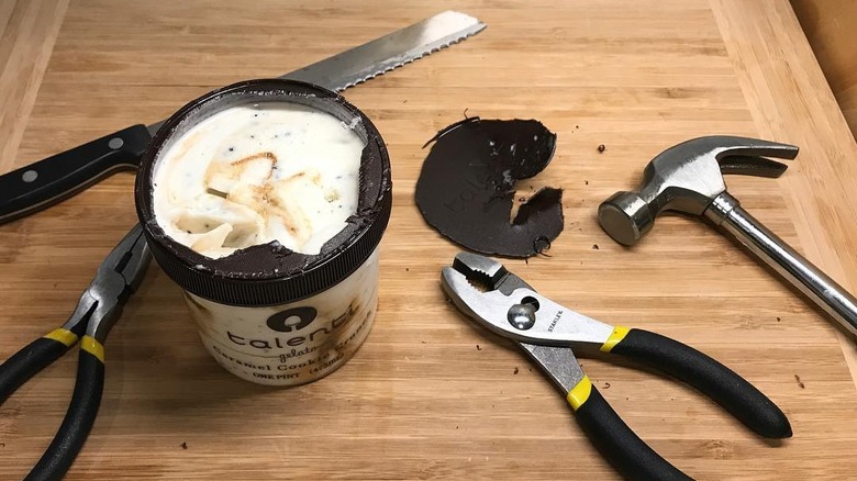 Talenti gelato jar lid hacked open with tools