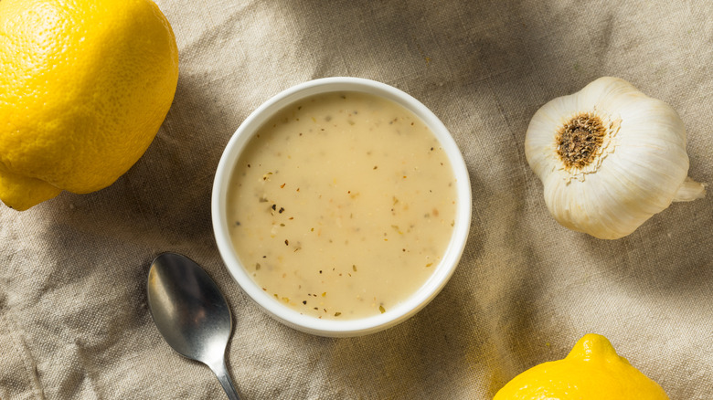 lemon vinaigrette with lemon and garlic on burlap