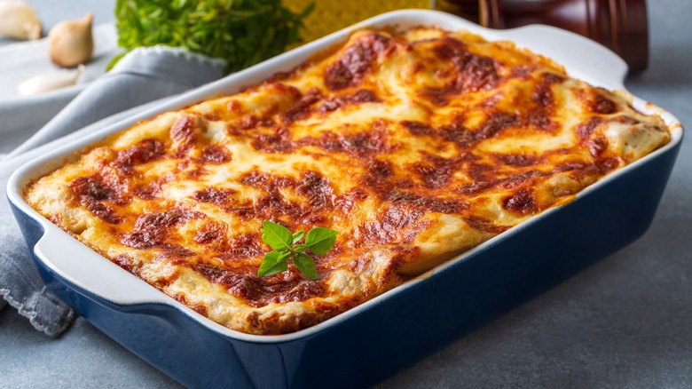 Baked lasagna in casserole dish