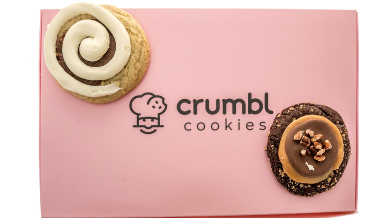 Crumbl cookie box with cookies on top