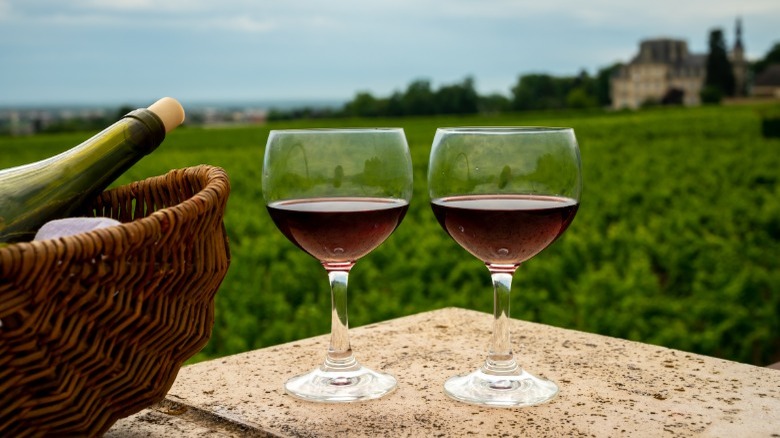 Two glasses of red wine overlooking a vineyard 