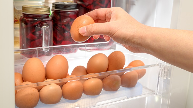 Hand placing eggs in refrigerator