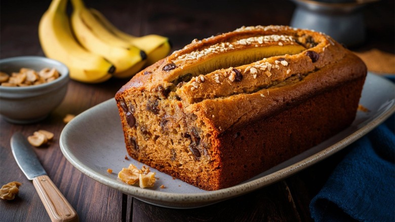 Loaf of banana bread with chocolate chips