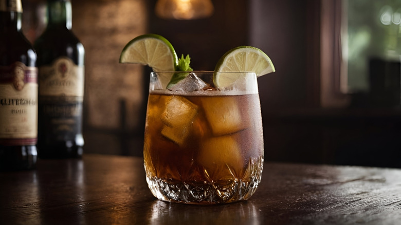 a dark and stormy cocktail on a table