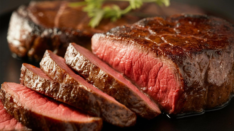 Sliced cooked steak with a well-browned crust