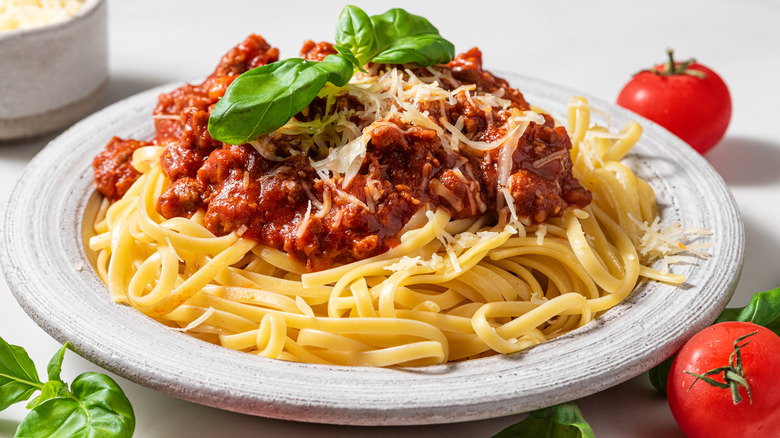 Plate of homemade spaghetti Bolognese