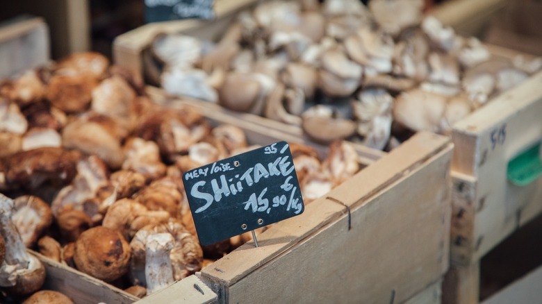 Box of shiitake mushrooms at market