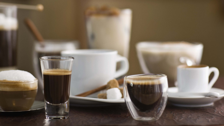 an assortment of coffee beverages