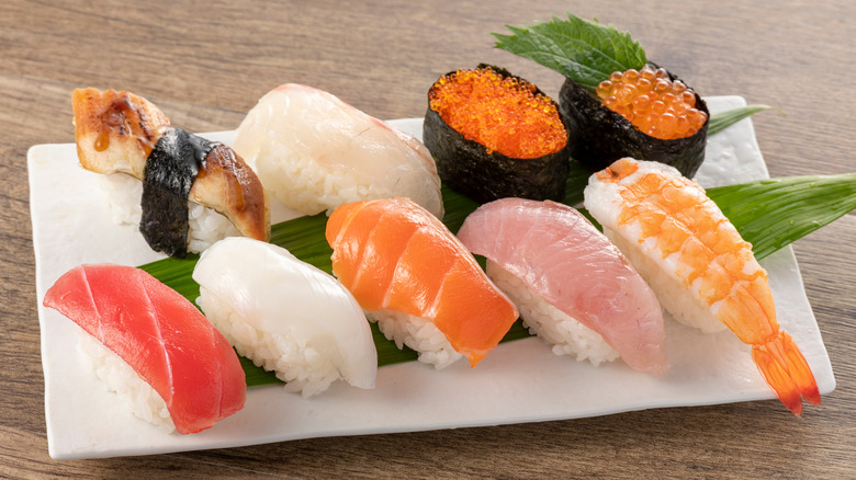 Plate of different sushi types