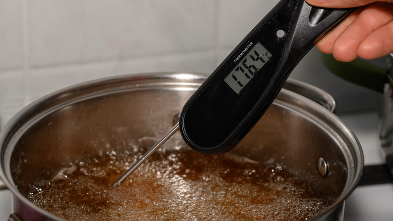 A hand holds a thermometer into a pot of boiling oil