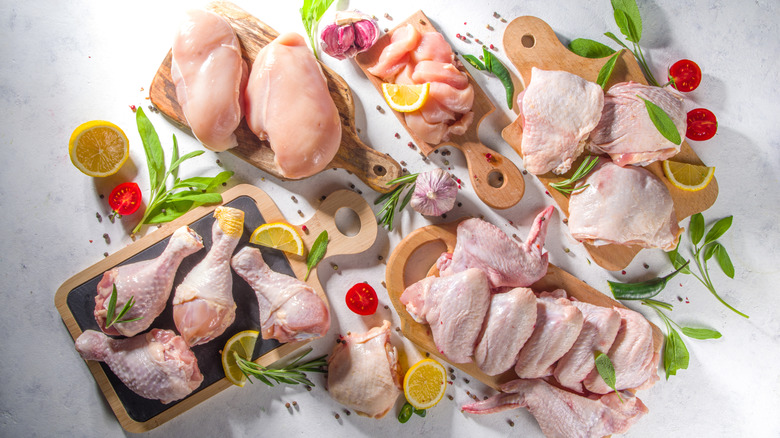 Different cuts of chicken surrounded by seasonings