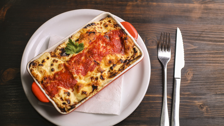 Lasagna resting on a plate