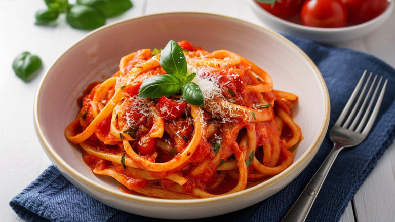 Bowl full of pasta with pomodoro sauce and basil