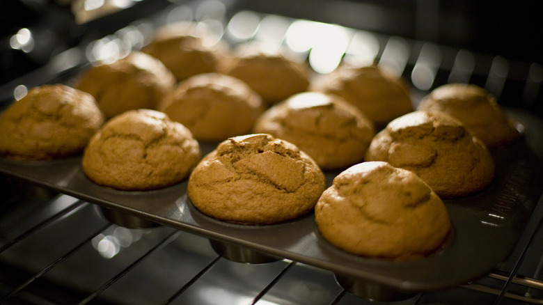 Pumpkin muffins coming out of the oven