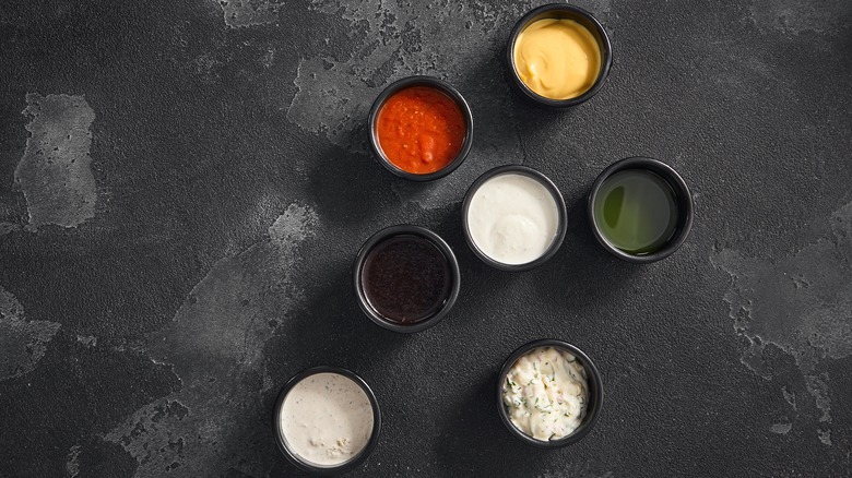 various dipping sauces in ramekins