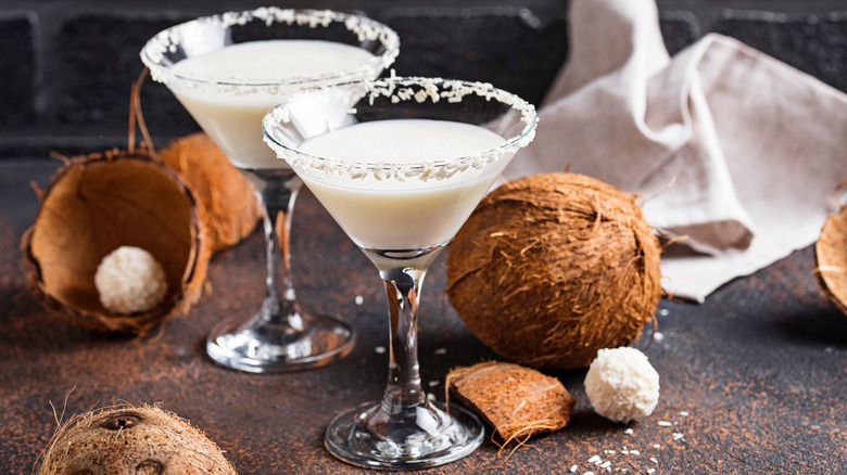Rum coconut martini cocktails with coconuts