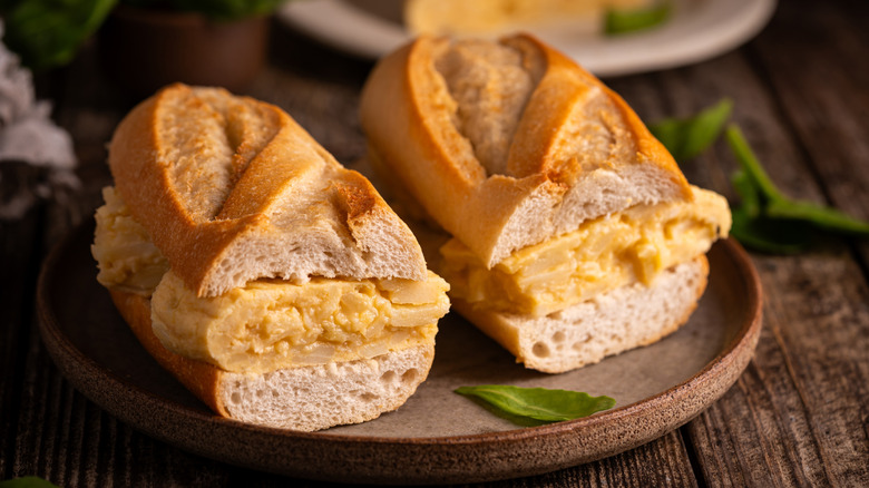 A Spanish bocadillo made with tortilla española (Spanish omelet).